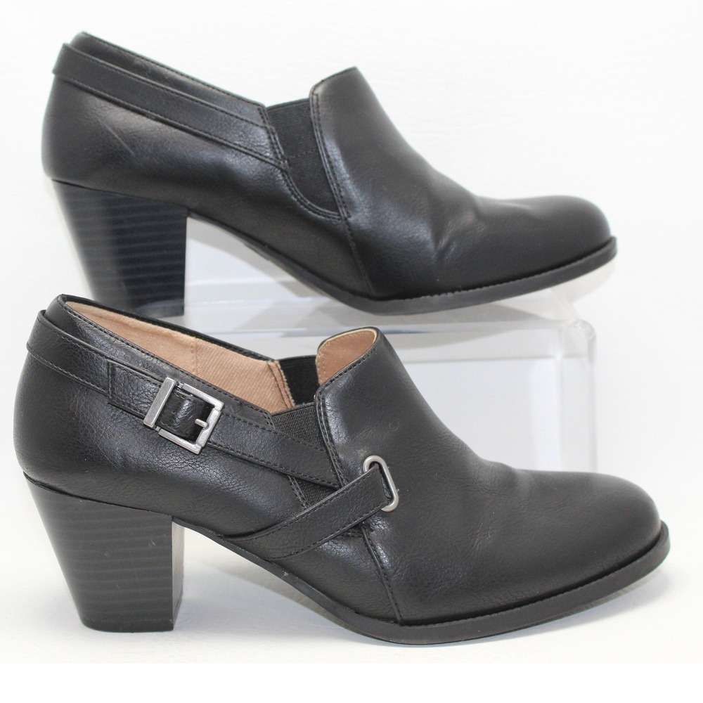LifeStride Velocity Memory Foam Black Faux Leather Buckle Ankle Boots 8.5W
